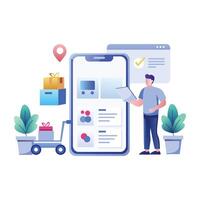 A flat illustration of a man doing shopping from a shopping website vector