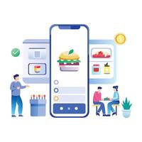 A flat illustration of people using a mobile app for food order vector
