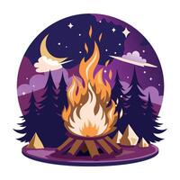 Flat illustration of firewood under a starry night sky with a crescent moon vector