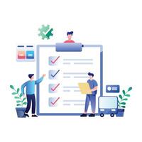 A flat illustration of two men mark the checklist vector