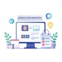 A flat illustration of a computer screen showing an order confirmation page vector