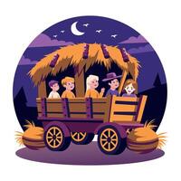 Kids sitting in a wooden cart, flat style illustration vector