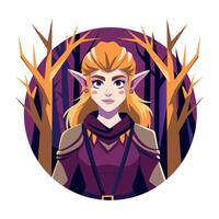 A flat illustration of elf woman character standing between trees vector
