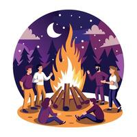 Flat illustration of a group of friends gathered at campfire night in a forest under a starry night sky with a crescent moon vector