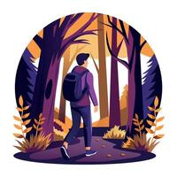 A flat illustration of a man wearing backpack and going for forest adventure vector