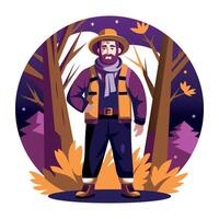 A flat illustration of a man standing in a forest wearing fall clothes vector