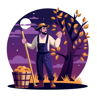 A flat style illustration of a farmer standing in a cozy night