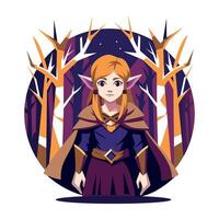 A flat style illustration of elf girl character standing in a forest vector
