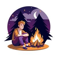 Flat illustration of a man fire heating in a forest under a starry night vector