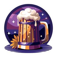 Flat illustration of a beer mug filled with frothy beer against a night sky with stars vector