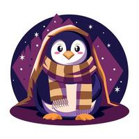 A flat illustration of winter penguin wearing a scarf and holding blanking vector