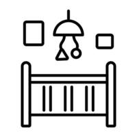 A line icon of a baby crib with a hanging toys vector