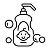 A line icon of a baby shampoo bottle with bubbles vector