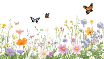 A field of flowers with butterflies flying over it png