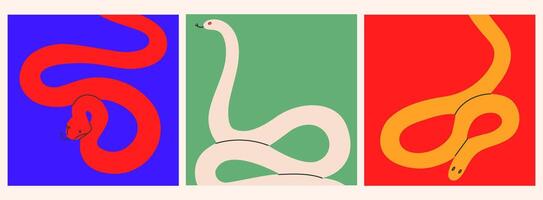 Snake posters set.Hand drawn colored snakes collection.Chinese new year symbol.Year of the snake illustration for greeting card, sticker, background. Hand drawn trendy illustration EPS10 vector