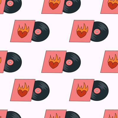 Seamless Pattern. Vinyl record with heart and flame design cover. LP or long play music disc. DJ equipment for disco party background. Discotheque nostalgia concept. flat illustration.