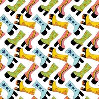 Seamless Pattern. Trendy 1980 retro disco high heel boots with different design. Vintage shoe. flat illustration. vector