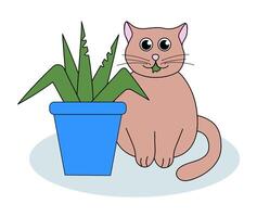 Problem with cat behavior. Kitten eat plant. Cute flat illustration. vector