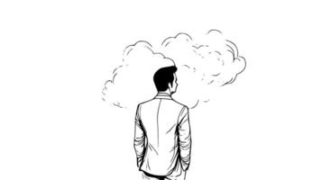 Modern Man Standing With His Back To Viewer Gazing At Cloud Of Thoughts Or Ideas Above Him vector