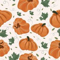 seamless autumn pattern with round bright orange pumpkins with pumpkin seeds and leaves on a light background vector