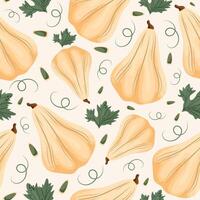 seamless autumn pattern with two types of pumpkins round and long and white with pumpkin seeds and leaves on a light background vector