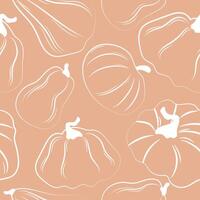 seamless autumn pattern with various pumpkins drawn in white outline on a pastel background vector