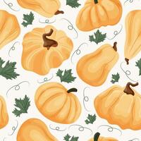 seamless pattern with pumpkins of round long and convex shape of yellow color and pumpkin leaves on a light background vector
