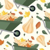 autumn seamless pattern with long-shaped pumpkins stacked in a garden wheelbarrow and various autumn leaves on a light background vector