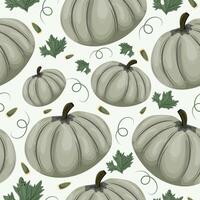 autumn pattern with green round pumpkins with pumpkin seeds and pumpkin leaves on a light background vector