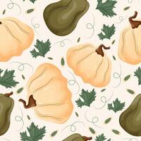 seamless autumn pattern with two types of round and long pumpkins and white and green color with pumpkin seeds and leaves on a light background vector