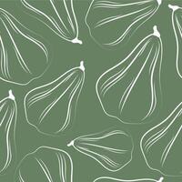 seamless autumn pattern with long pumpkins drawn in white outline on a green background vector
