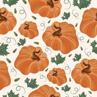 seamless autumn pattern with orange bulging pumpkins with pumpkin seeds and pumpkin leaves on a light background vector