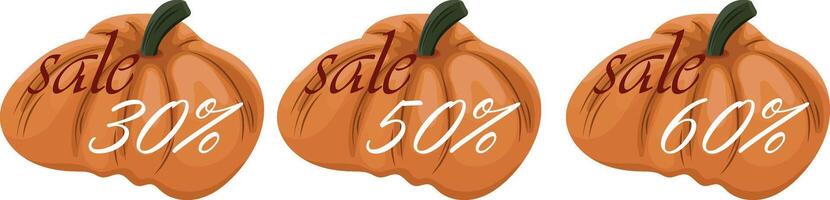 set of black friday autumn sale design with round orange pumpkins with various discount numbers in it vector