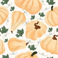 pattern with pumpkins of a round long and convex shape of light color and pumpkin leaves on a light background vector