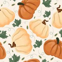 seamless autumn pattern with two types of pumpkins of round size and white and orange color on a light background vector