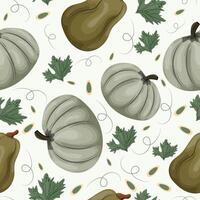 seamless autumn pattern with bulging bright green pumpkins of long and round shape with pumpkin seeds and leaves on a light background vector