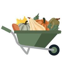 autumn icon of a garden wheelbarrow with various pumpkins and colorful autumn leaves in it vector
