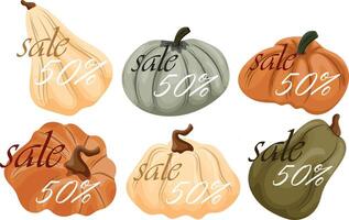 black friday autumn sale design set with various pumpkins of different colors and sizes with 50 off them vector