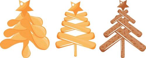 set of stylized Christmas trees from various sets of crisps, crackers and fries and a star on top for various holiday posters or designs vector