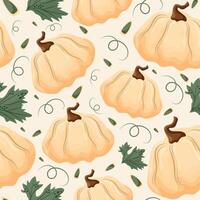 seamless autumn pattern with light round pumpkins with pumpkin seeds and pumpkin leaves on a light background vector
