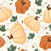 seamless autumn pattern with two types of pumpkins of round and convex size and white and orange color on a light background vector