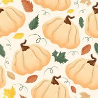 seamless autumn pattern with light round pumpkins with autumn various leaves and pumpkin leaves on a light background vector