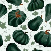 pattern with pumpkins of a round long and convex shape of dark green color and pumpkin leaves on a light background vector