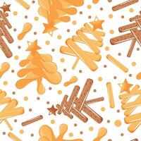 pattern with stylized Christmas trees from various sets of chips, crackers and fries and a star on top for various holiday posters or designs vector