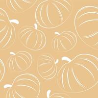 seamless autumn pattern with round pumpkins drawn in white outline on a yellow background vector