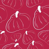 seamless autumn pattern with round pumpkins drawn in white outline on a red background vector