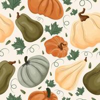 seamless autumn pattern with various pumpkins of different sizes with pumpkin seeds and pumpkin leaves on a light background vector