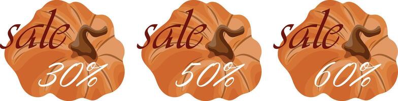 set of autumn black friday sale design with round pressed pumpkins with various discount numbers in it vector