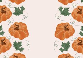 horizontal autumn poster with orange round bulging pumpkins and various autumn leaves located on both sides of the poster vector
