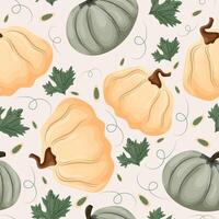 seamless autumn pattern with two types of round and white and green pumpkins with pumpkin seeds and leaves on a light background vector